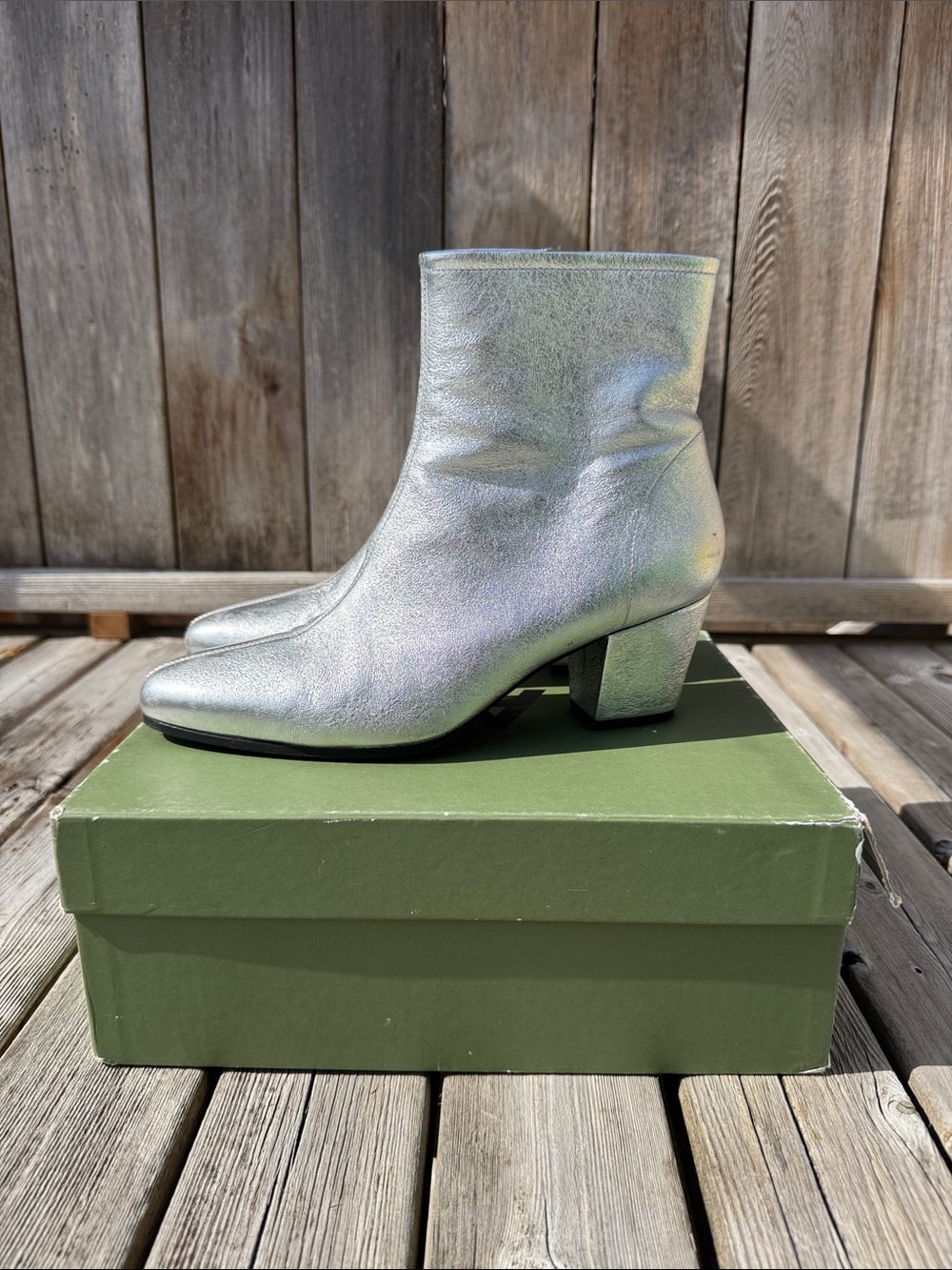 Metallic Silver Women's Ankle Booties with Block Heel